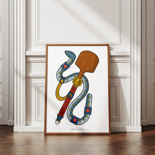 Set di poster illustrati Assi Napoletani con reinterpretazioni artistiche delle carte napoletane asso di pala con serpente e pala di legno, asso di patane con fetta di anguria e foglie, asso di vongole con conchiglie colorate. Fusione tra gioco tradizionale e cucina partenopea.