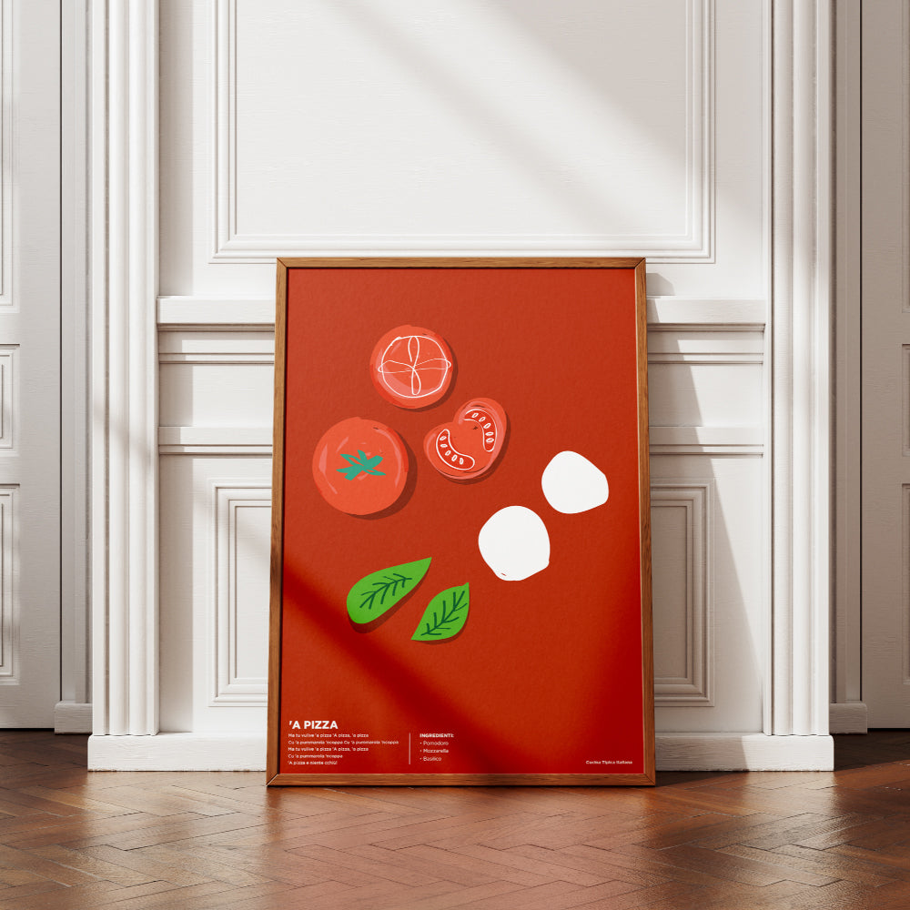 Poster illustrato A Pizza con pomodoro mozzarella e basilico su sfondo rosso acceso design minimal ispirato alla cucina tipica italiana.