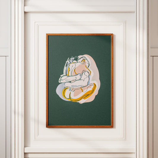 Poster illustrato Hug Me con due figure astratte che si abbracciano linee morbide e colori caldi su sfondo scuro stile emotivo contemporaneo