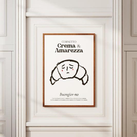 Poster illustrato cornetto crema e amarezza con cornetto stilizzato, volto malinconico e tipografia artistica su sfondo bianco