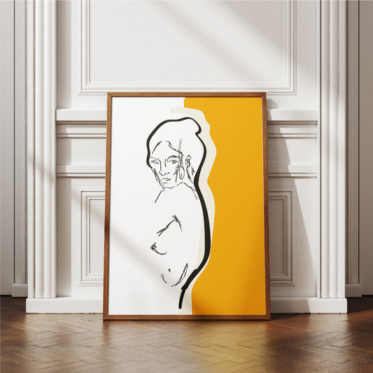 Poster minimalista con disegno lineare di figura femminile su sfondo bianco e arancione stile moderno e raffinato ideale per arredamento contemporaneo o boho chic.