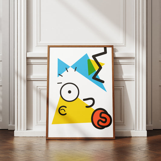 Poster astratto con forme geometriche colorate in stile Kandinsky che richiamano Maggie dei Simpson con triangolo giallo forme blu e verdi linee nere dinamiche ed elemento circolare arancione stile ciuccio.