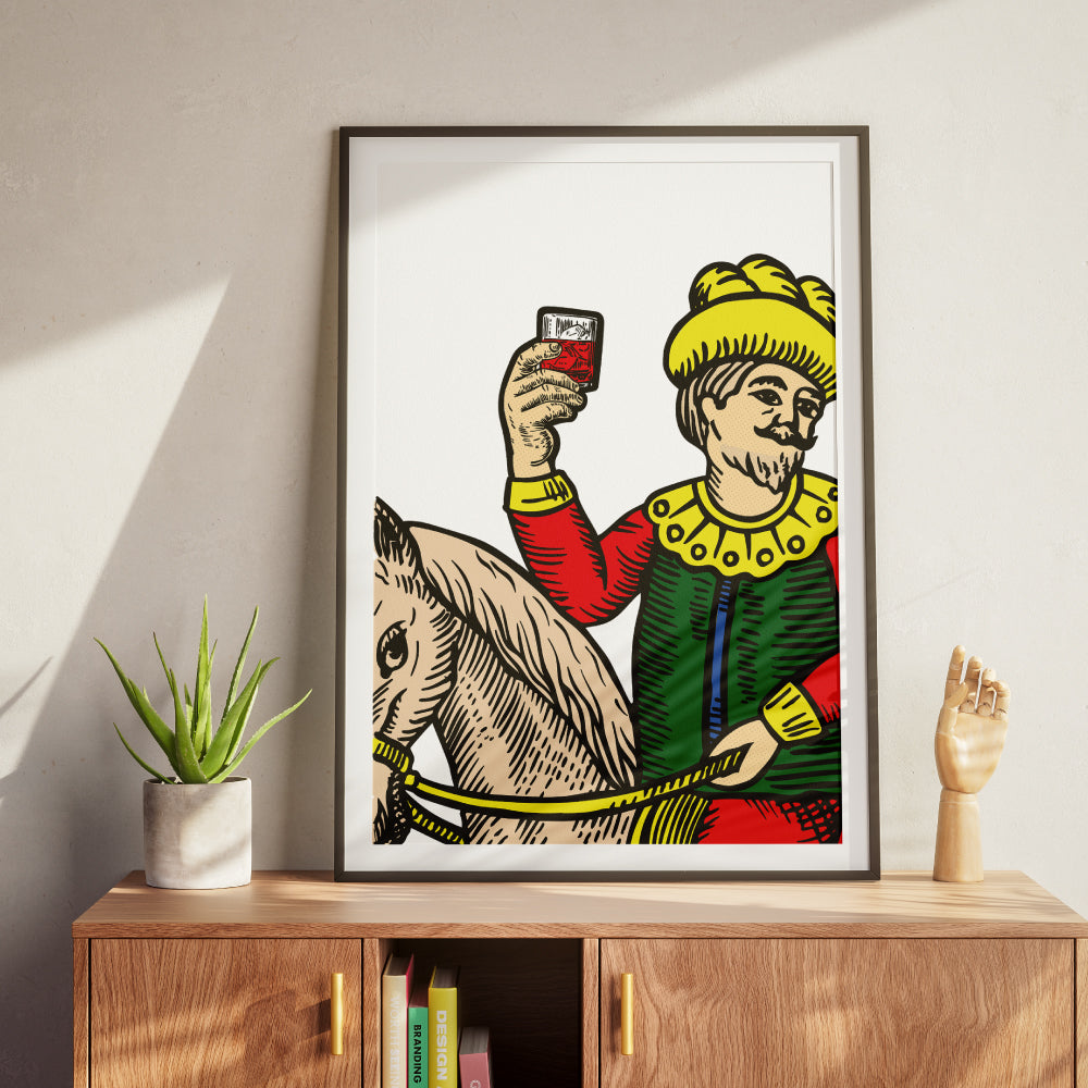Cavallo di denari delle carte napoletane Modiano rivisitato con cavaliere che regge un bicchiere di negroni.