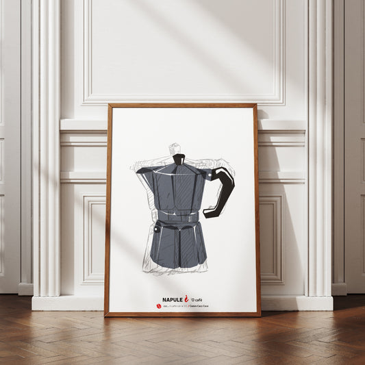 Illustrazione moderna di una moka napoletana, poster artistico sul caffe espresso italiano, decorazione da cucina e bar in stile vintage.