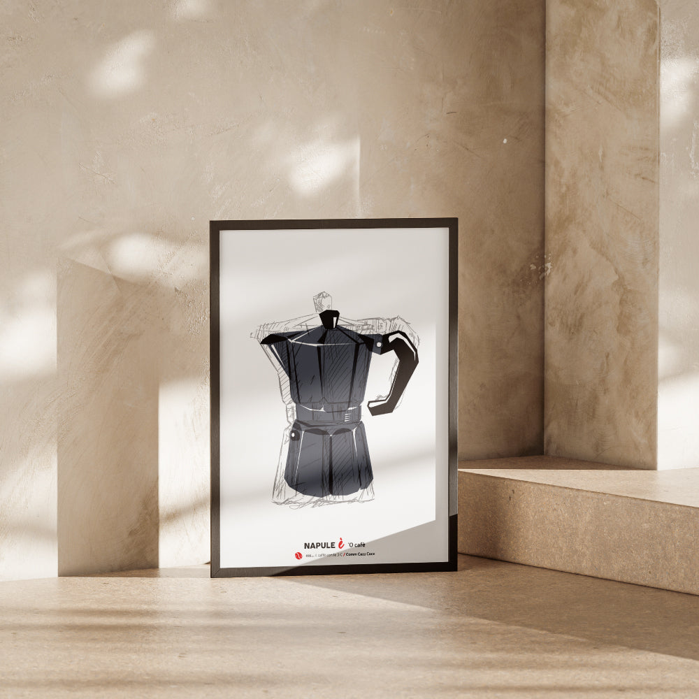 Illustrazione moderna di una moka napoletana, poster artistico sul caffe espresso italiano, decorazione da cucina e bar in stile vintage.