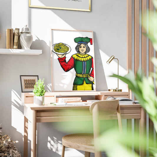 Figura femminile ispirata alle carte napoletane Modiano che tiene un piatto di pasta, illustrazione grafica colorata dedicata alla cucina tradizionale e alla cultura napoletana
