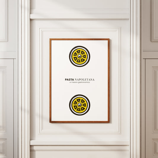 Poster artistico con illustrazione di due ruote di pasta, ispirato alle carte napoletane Modiano, omaggio al patrimonio gastronomico campano.