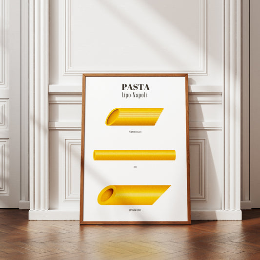 Poster illustrato Pasta tipo Napoli con pennoni rigati ziti e pennoni lisci design minimale su sfondo chiaro ispirato alla cucina napoletana