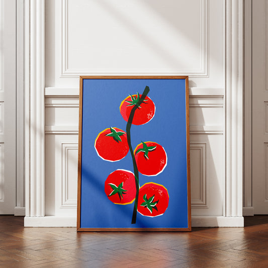 Poster artistico con ramo di Pomodorini del Piennolo del Vesuvio grafica pop su sfondo blu omaggio alla tradizione napoletana.