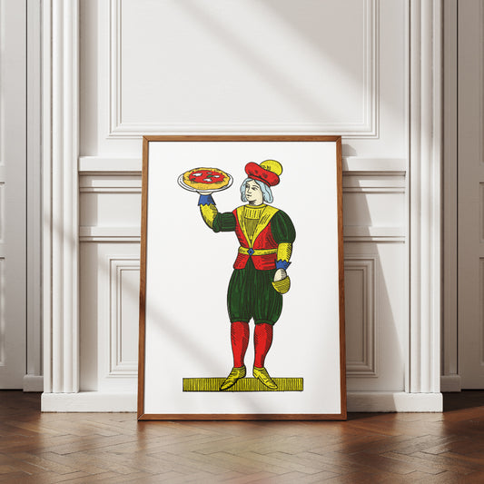 Rivisitazione illustrata dell 8 di denari delle carte napoletane Modiano, con figura femminile che regge una pizza.