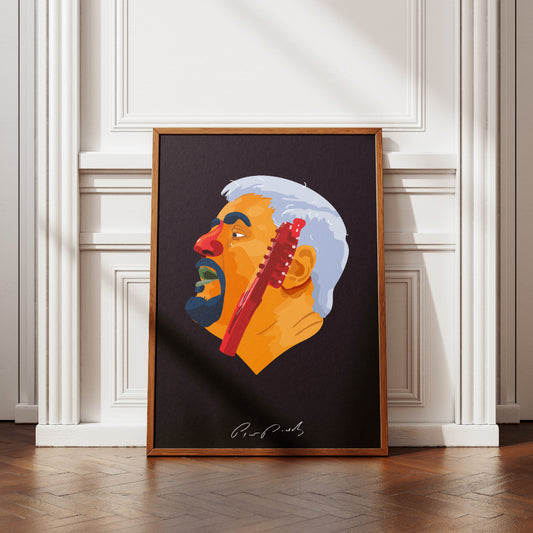 Poster artistico dedicato a Pino Daniele con ritratto illustrato e chitarra, ispirato alla sua musica, a Napoli e alla cultura partenopea.