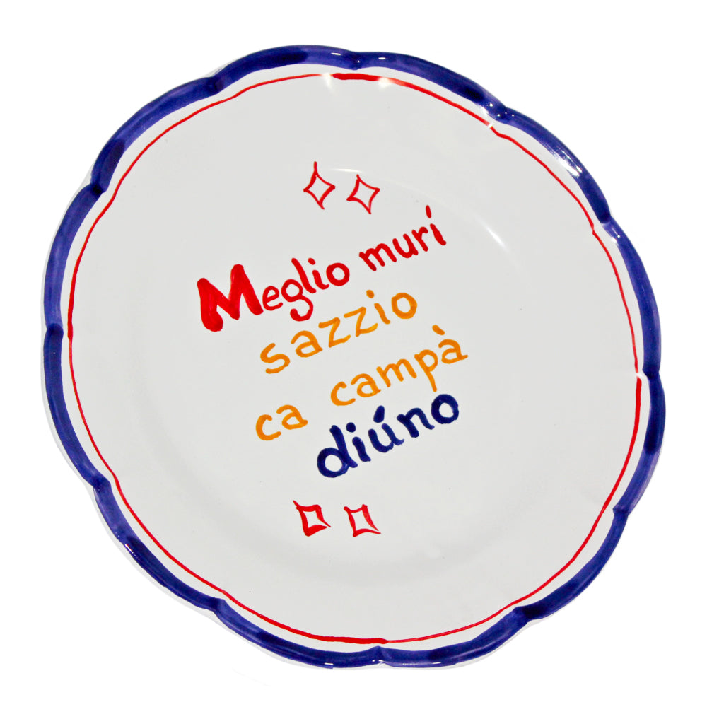 Piatto artigianale napoletano in terracotta smaltata con proverbio sul cibo e convivialita decorazione tavola fatta a mano