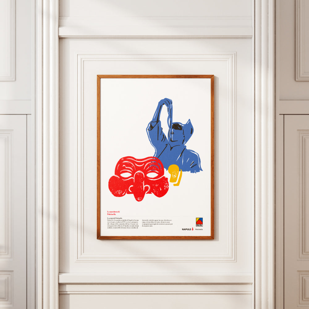 Poster Pulcinella napoletano in stile grafico moderno illustrazione artistica contemporanea ispirata alla maschera tradizionale di Napoli stampa decorativa di design italiano.