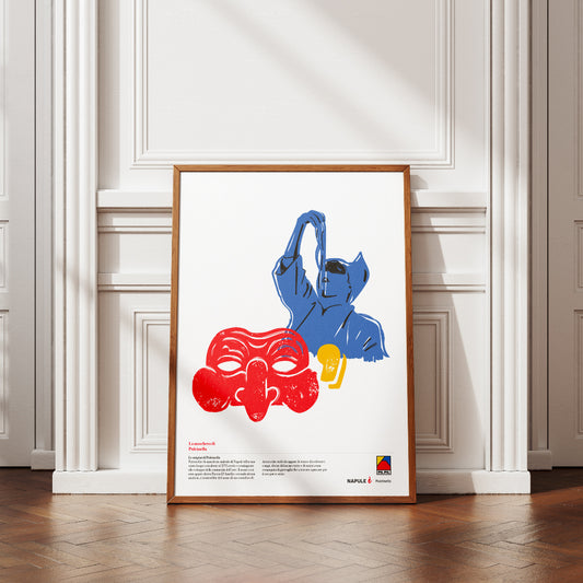 Poster Pulcinella napoletano in stile grafico moderno, illustrazione artistica contemporanea ispirata alla maschera tradizionale di Napoli stampa decorativa di design italiano.