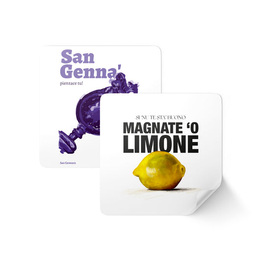 Adesivi artistici PIL PIL con grafiche napoletane tratte dai poster, sticker di design urbano ispirati a Napoli, arte pop contemporanea italiana