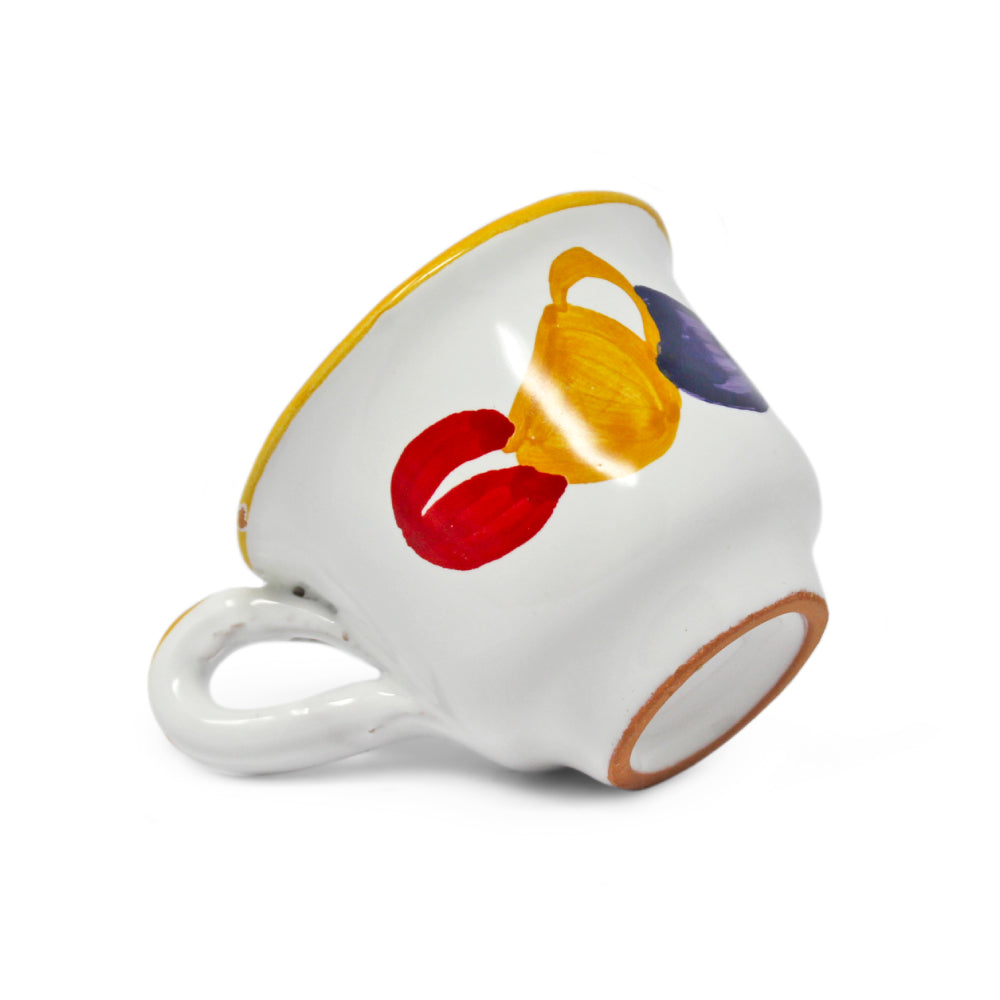 Tazzina da caffe artigianale in ceramica dipinta a mano con chicco di caffe caffettiera e tazzina espresso collezione Comme Cazz Coce di Pil Pil Design Partenopeo Made in Italy.