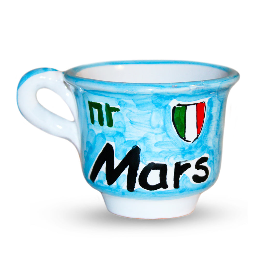 Tazzina da caffe artigianale in terracotta rossa smaltata dipinta a mano con scritta Mars e colori azzurri ispirati al calcio Napoli ceramica alimentare dal design napoletano.