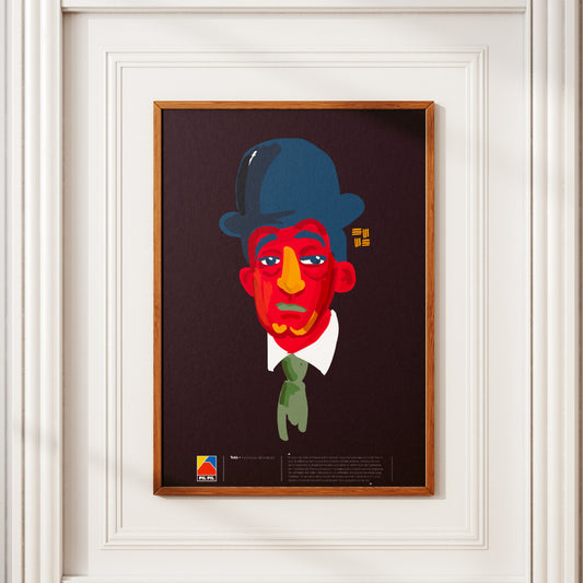 Poster artistico moderno ispirato a Toto, ritratto stilizzato con colori vivaci su sfondo scuro, bombetta blu e cravatta verde, ideale per decorazione a tema Napoli e cultura partenopea.