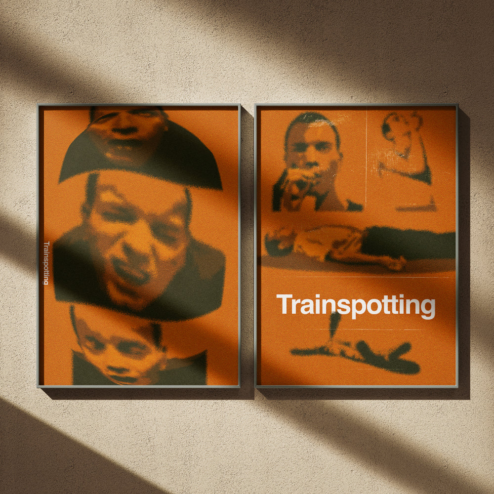 Poster grafico arancione dedicato al film Trainspotting con ritratti espressivi distorti e scritta verticale bianca stile grunge e tipografia moderna perfetto per arredamento urban o spazi creativi.