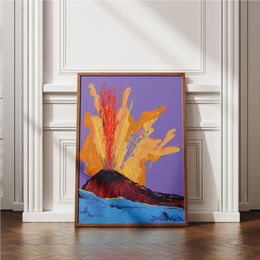 Poster Pop Art Vesuvio in eruzione, ispirato ad Andy Warhol, simbolo di Napoli e identità partenopea.