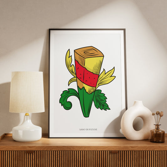 Poster tipografico su sfondo bianco che reinterpreta l Asso di Bastoni del mazzo Modiano trasformando il bastone centrale in una patata fritta: una singola patata tagliata a spicchio, croccante e dorata, cinta da una fascia rossa al centro e affiancata da volute gialle e foglie verdi stilizzate, con lettering nero Asso di Patane in carattere tipografico Modiano.