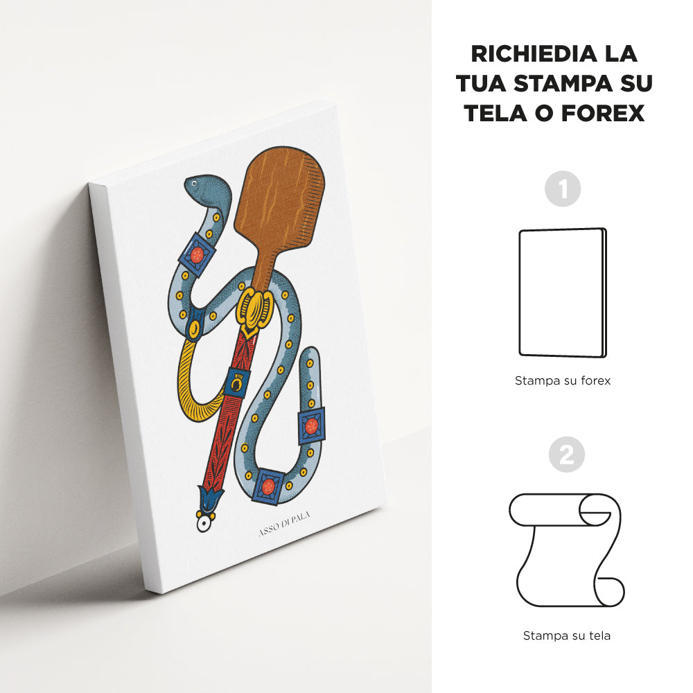 Poster tipografico su sfondo bianco che reinterpreta l Asso di Spade del mazzo Modiano come pala per pizza napoletana una lunga impugnatura rossa e blu con fregi art deco e maniglie a voluta grigie punteggiate di borchie dorate, sormontata da una pala in legno marrone, il tutto racchiuso in una composizione elegante e minimal, con lettering nero Asso di Pala in carattere Modiano