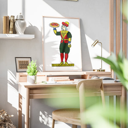 Rivisitazione illustrata dell 8 di denari delle carte napoletane Modiano, con figura femminile che regge una pizza.