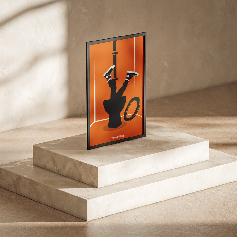 Poster minimalista ispirato a Trainspotting con illustrazione della celebre scena del Worst Toilet in Scotland in cui il protagonista sprofonda nel water Stampa artistica moderna dedicata al film cult di Danny Boyle ideale per appassionati di cinema e design contemporaneo.
Minimalist Trainspotting inspired poster featuring the iconic Worst Toilet in Scotland scene where the protagonist dives into the toilet. Modern graphic art print dedicated to Danny Boyle s cult film 