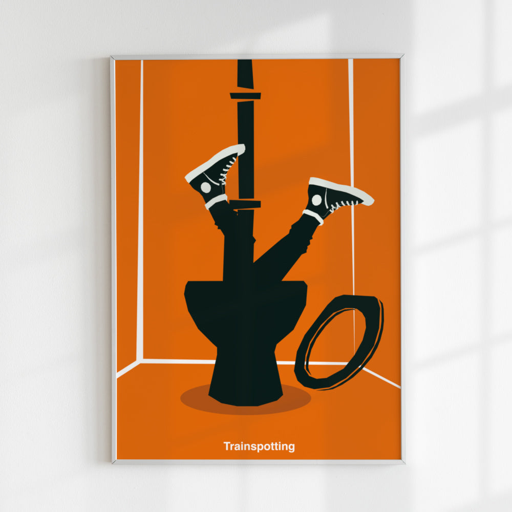 Poster minimalista ispirato a Trainspotting con illustrazione della celebre scena del Worst Toilet in Scotland in cui il protagonista sprofonda nel water Stampa artistica moderna dedicata al film cult di Danny Boyle ideale per appassionati di cinema e design contemporaneo.
Minimalist Trainspotting inspired poster featuring the iconic Worst Toilet in Scotland scene where the protagonist dives into the toilet. Modern graphic art print dedicated to Danny Boyle s cult film 