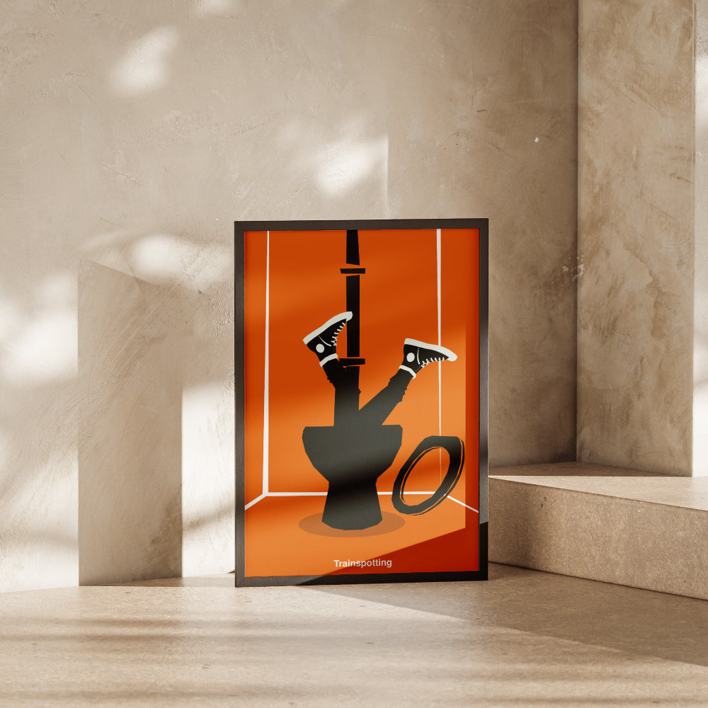 Poster minimalista ispirato a Trainspotting con illustrazione della celebre scena del Worst Toilet in Scotland in cui il protagonista sprofonda nel water Stampa artistica moderna dedicata al film cult di Danny Boyle ideale per appassionati di cinema e design contemporaneo.
Minimalist Trainspotting inspired poster featuring the iconic Worst Toilet in Scotland scene where the protagonist dives into the toilet. Modern graphic art print dedicated to Danny Boyle s cult film 