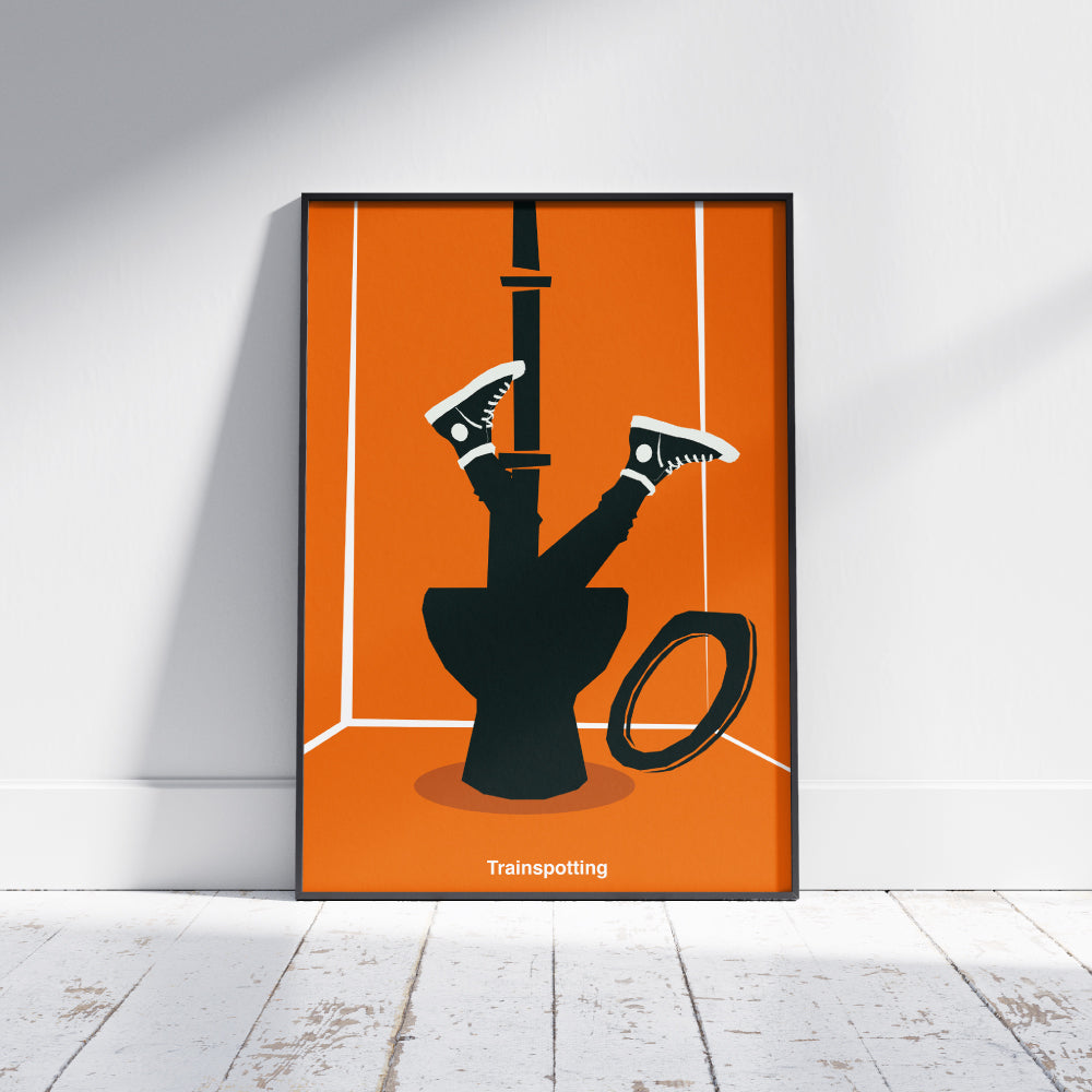 Poster minimalista ispirato a Trainspotting con illustrazione della celebre scena del Worst Toilet in Scotland in cui il protagonista sprofonda nel water Stampa artistica moderna dedicata al film cult di Danny Boyle ideale per appassionati di cinema e design contemporaneo.
Minimalist Trainspotting inspired poster featuring the iconic Worst Toilet in Scotland scene where the protagonist dives into the toilet. Modern graphic art print dedicated to Danny Boyle s cult film 