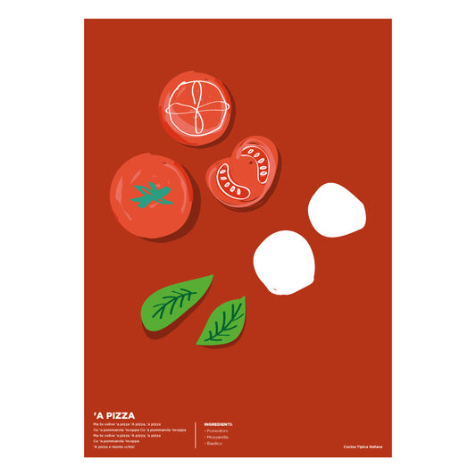 Poster illustrato A Pizza con pomodoro mozzarella e basilico su sfondo rosso acceso design minimal ispirato alla cucina tipica italiana.