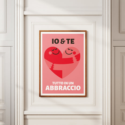 Stampa artistica pop con due figure stilizzate che si abbracciano formando un cuore design minimalista.