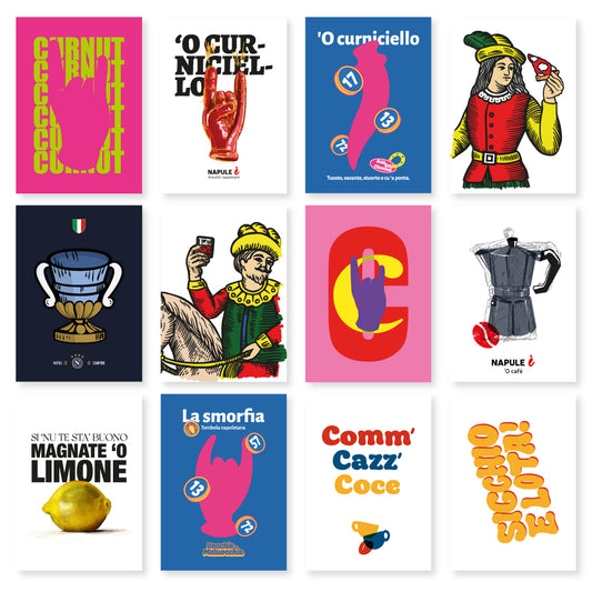 Adesivi artistici PIL PIL con grafiche napoletane tratte dai poster, sticker di design urbano ispirati a Napoli, arte pop contemporanea italiana