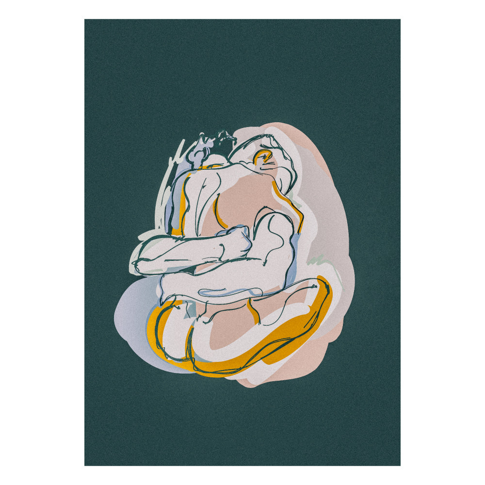 Poster illustrato Hug Me con due figure astratte che si abbracciano linee morbide e colori caldi su sfondo scuro stile emotivo contemporaneo