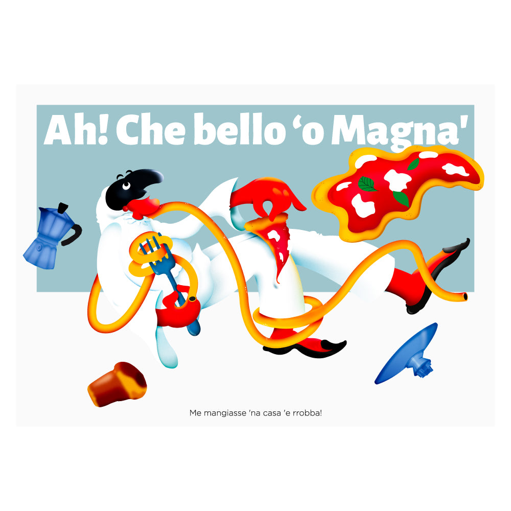 Poster illustrato ispirato alla cultura napoletana con figura dinamica che mangia pizza, moka del caffe e scritta Ah Che bello o magna colori vivaci e stile pop contemporaneo ideale per decorazione cucina o living