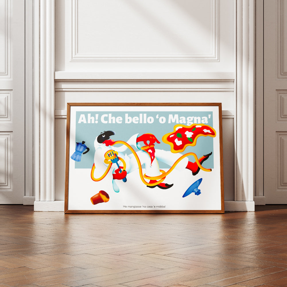Poster illustrato ispirato alla cultura napoletana con figura dinamica che mangia pizza, moka del caffe e scritta Ah Che bello o magna colori vivaci e stile pop contemporaneo ideale per decorazione cucina o living