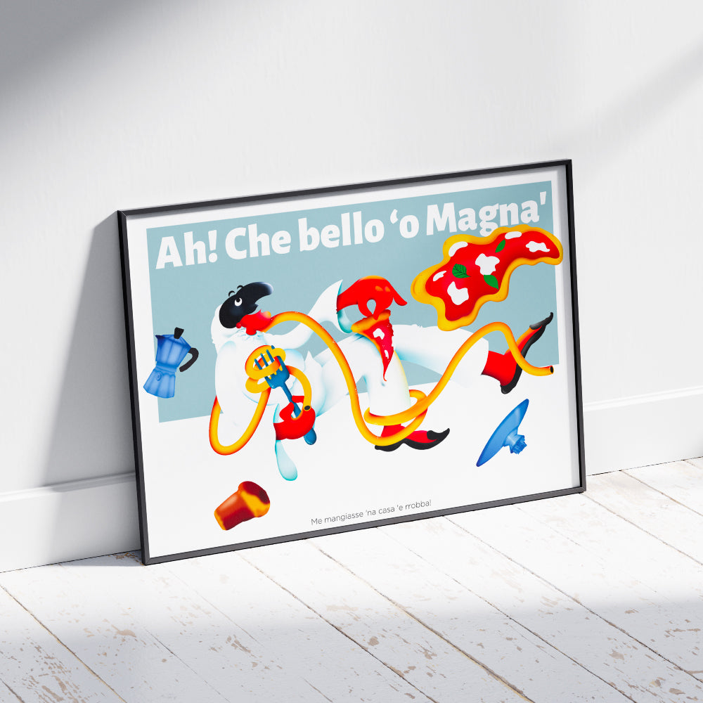 Poster illustrato ispirato alla cultura napoletana con figura dinamica che mangia pizza, moka del caffe e scritta Ah Che bello o magna colori vivaci e stile pop contemporaneo ideale per decorazione cucina o living