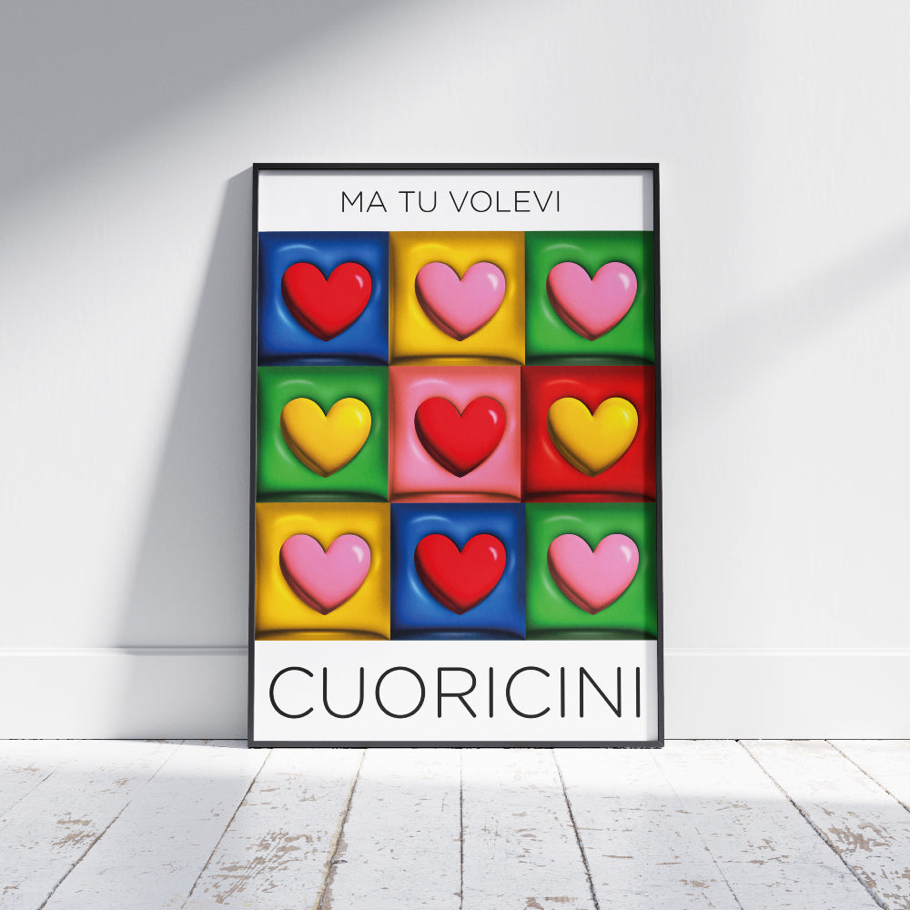Poster pop con griglia di cuori colorati tridimensionali e scritta Ma tu volevi cuoricini design moderno e ironico ideale come decorazione da parete e regalo romantico per San Valentino.