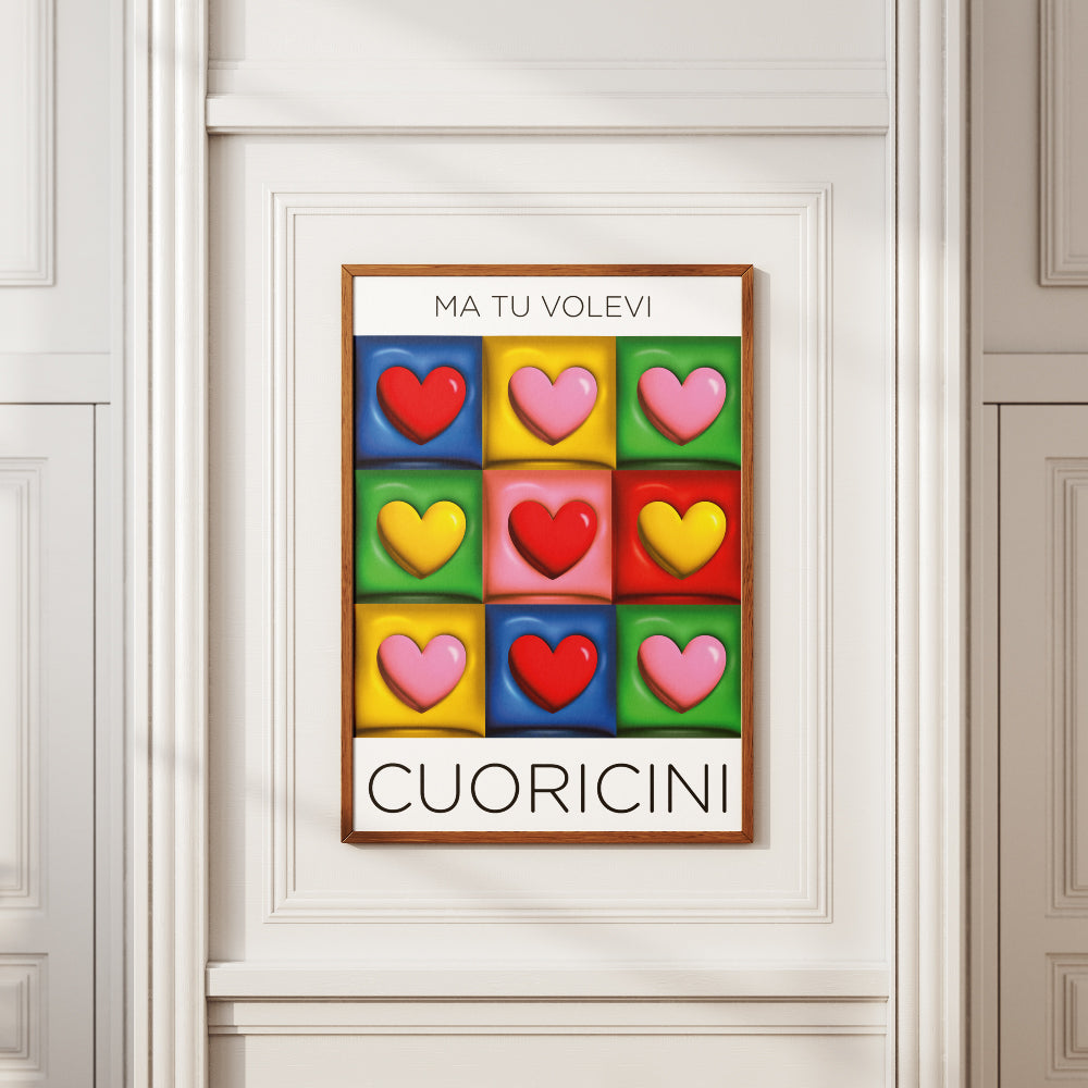 Poster pop con griglia di cuori colorati tridimensionali e scritta Ma tu volevi cuoricini design moderno e ironico ideale come decorazione da parete e regalo romantico per San Valentino.