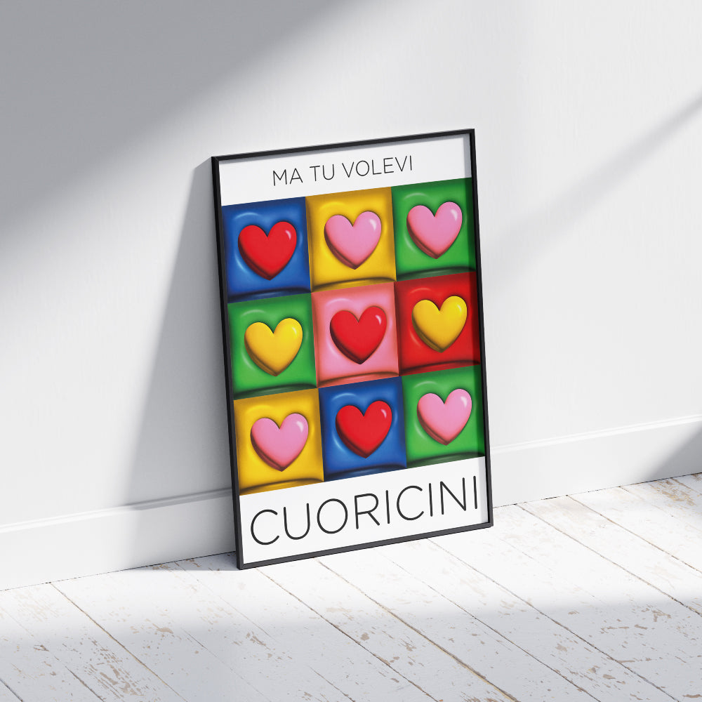 Poster pop con griglia di cuori colorati tridimensionali e scritta Ma tu volevi cuoricini design moderno e ironico ideale come decorazione da parete e regalo romantico per San Valentino.