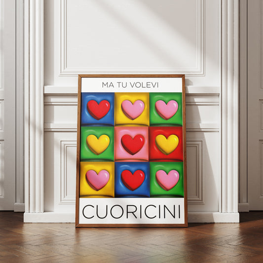 Poster pop con griglia di cuori colorati tridimensionali e scritta Ma tu volevi cuoricini design moderno e ironico ideale come decorazione da parete e regalo romantico per San Valentino.