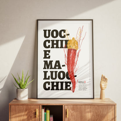 Il poster raffigura un grande corno portafortuna napoletano di colore rosso, sormontato da una corona dorata, disegnato con tratti grafici stilizzati. Sullo sfondo, in caratteri neri e grandi, appare la scritta dialettale Uocchie e Maluocchie. In basso a destra e presente un testo esplicativo che richiama un proverbio napoletano legato alla tradizione degli amuleti contro il malocchio