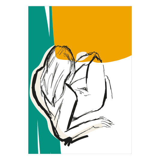 Poster minimalista con illustrazione lineare di figura femminile distesa su sfondo bianco con forme astratte verde petrolio e arancione ocra, stile moderno ed elegante ideale per arredamento contemporaneo o boho chic.