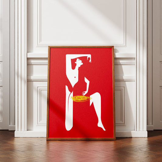 Poster moderno Pil Pil con sagoma di donna e bottiglia di vino integrate su fondo rosso con decoro dorato arte minimalista italiana.