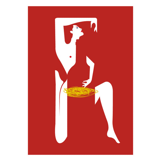 Poster moderno Pil Pil con sagoma di donna e bottiglia di vino integrate su fondo rosso con decoro dorato arte minimalista italiana.