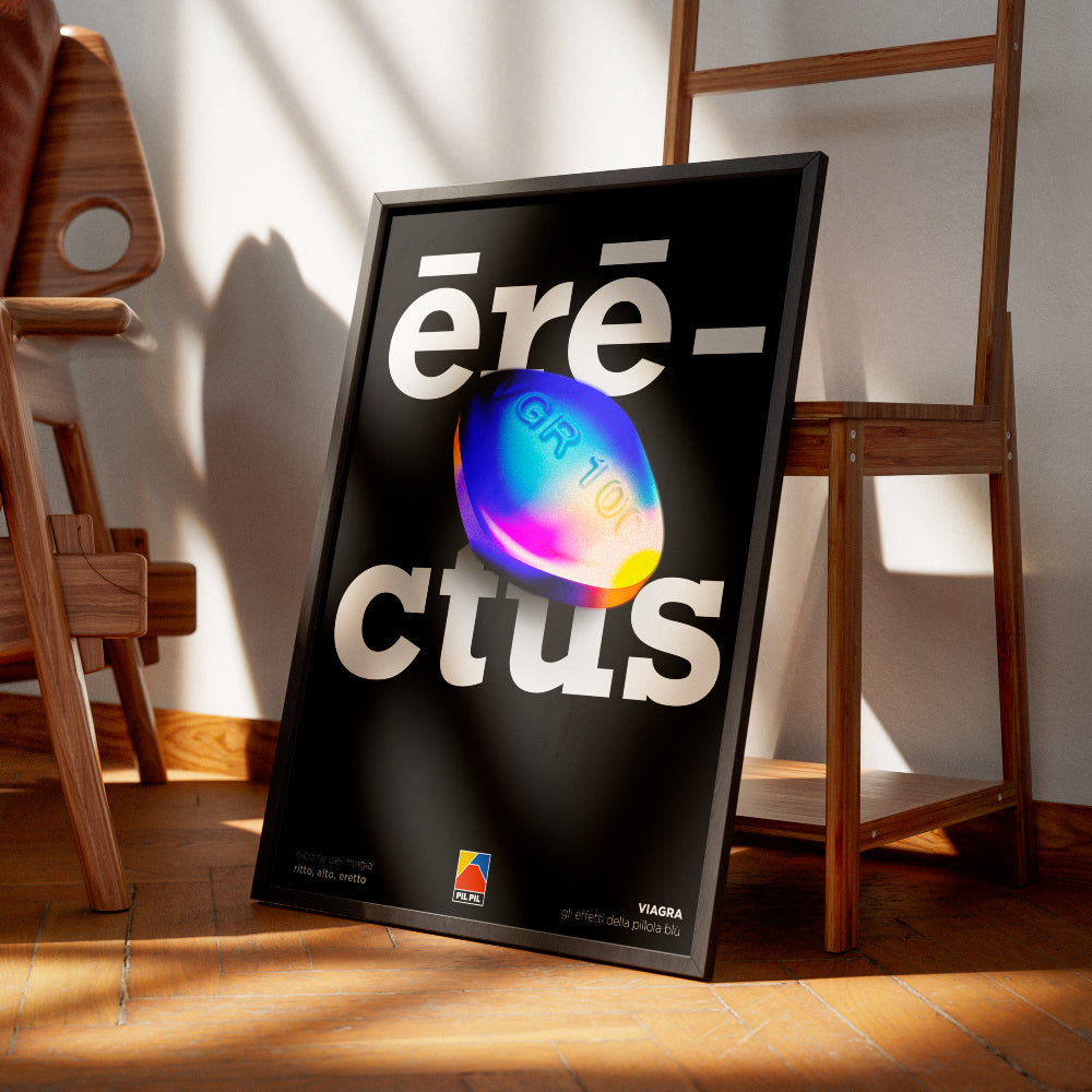 Poster grafico tipografico con scritta rectus su sfondo nero e pillola blu iridescente al centro, design pop contemporaneo ironico e provocatorio firmato PIL PIL  ideale per decorazione parete moderna.
