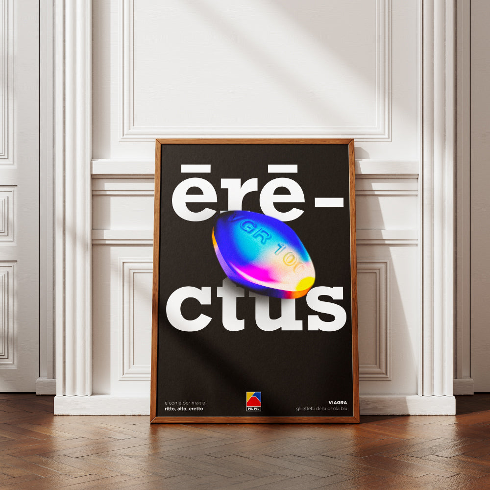 Poster grafico tipografico con scritta rectus su sfondo nero e pillola blu iridescente al centro, design pop contemporaneo ironico e provocatorio firmato PIL PIL  ideale per decorazione parete moderna.