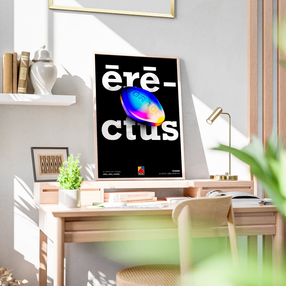 Poster grafico tipografico con scritta rectus su sfondo nero e pillola blu iridescente al centro, design pop contemporaneo ironico e provocatorio firmato PIL PIL  ideale per decorazione parete moderna.