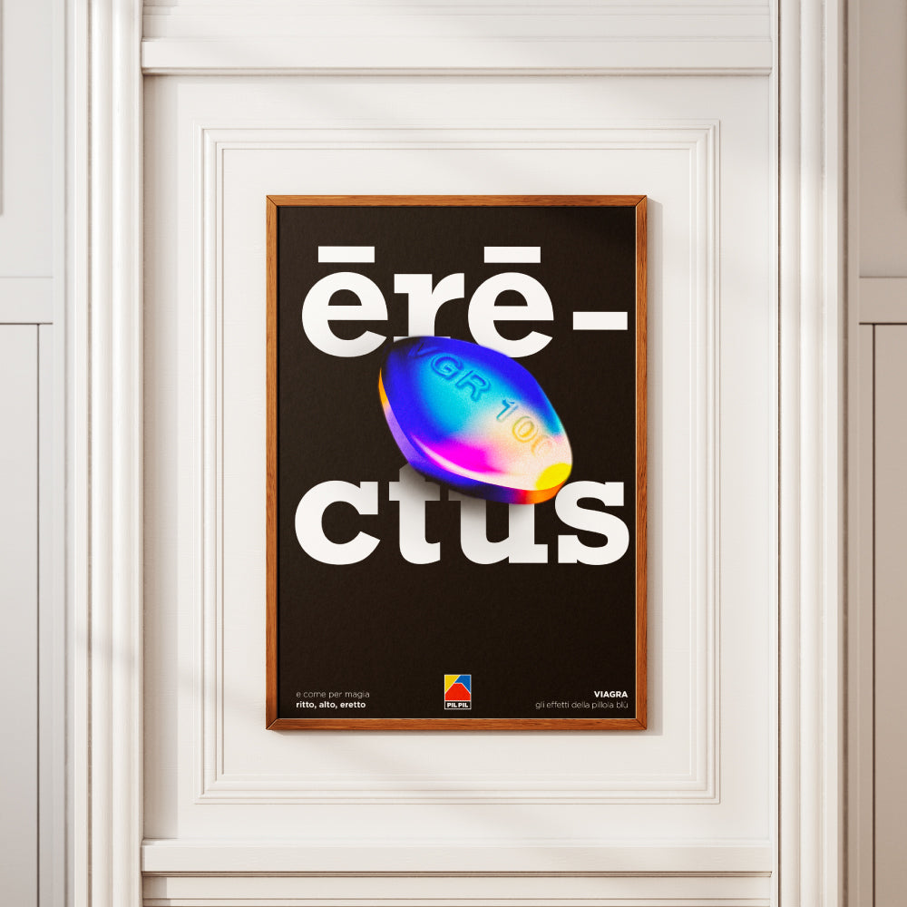 Poster grafico tipografico con scritta rectus su sfondo nero e pillola blu iridescente al centro, design pop contemporaneo ironico e provocatorio firmato PIL PIL  ideale per decorazione parete moderna.